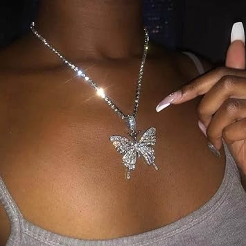 Crystal Large Butterfly Necklace Choker - Silver CZ Tennis Chain With Sparkly Pendant - Bling Rhinestone Prom Jewelry Gift for Women Girls