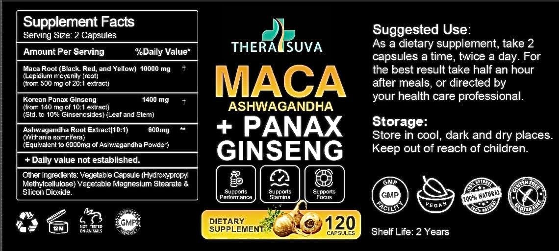 3 in 1 Ashwagandha + Maca Root + Panax Ginseng – Natural Supplement for Energy, Stamina, and Stress Support, 120 Softgels