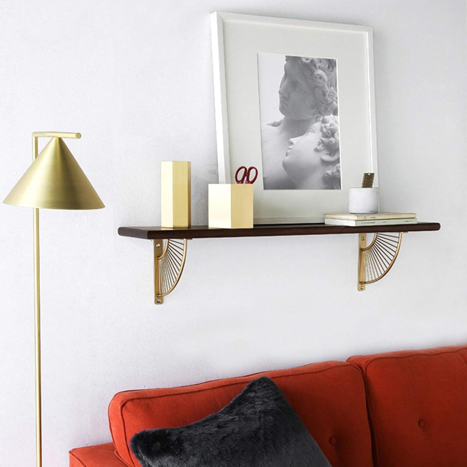 Floating Shelf Supporter,Heavy Golden Shelf Brackets & Supports, Multifunctional Angle Corner Brackets for Bookshelves, Wood Furniture,Cabinets,Brackets for Shelves Decorative,One Pair,15cm(5.9in)