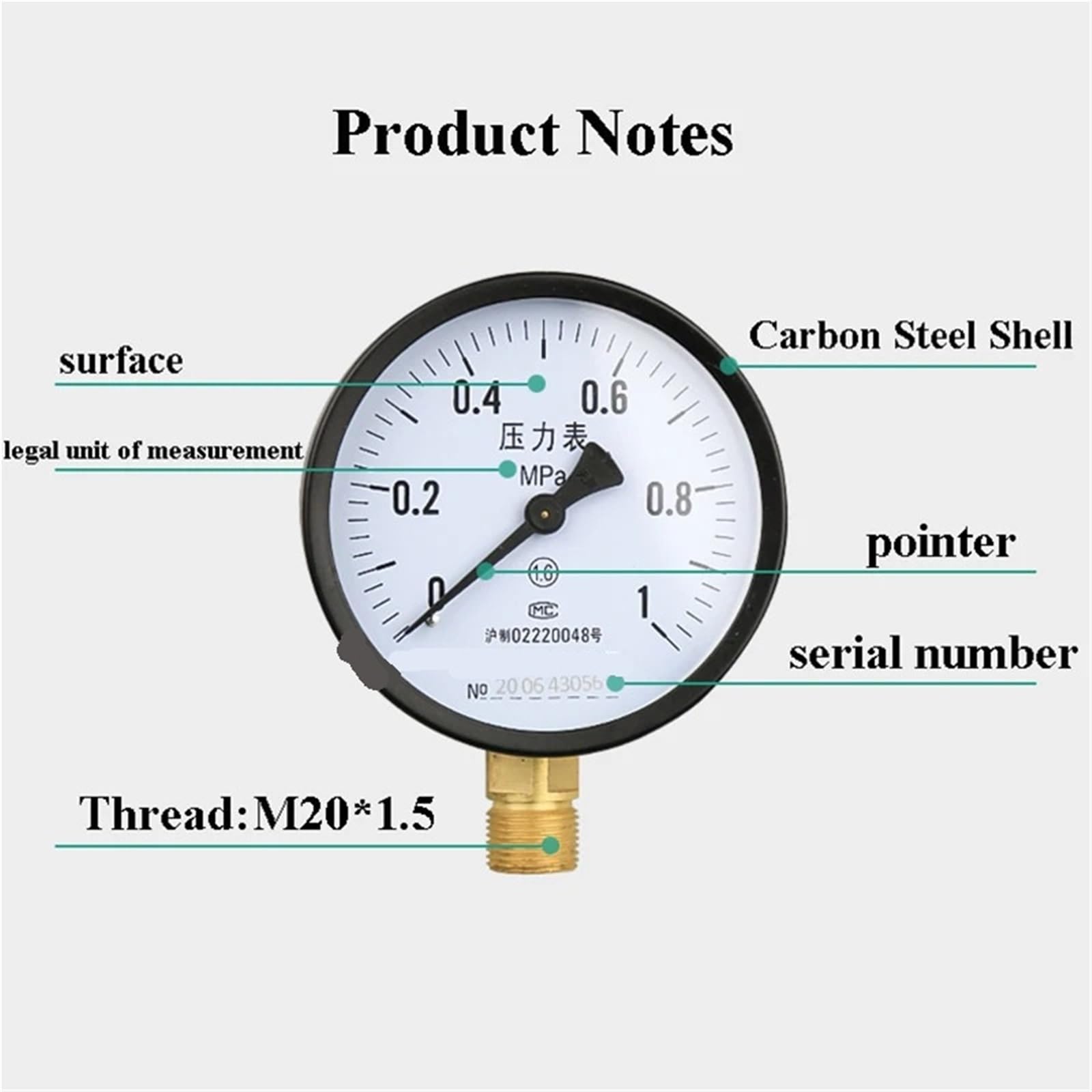 Manómetro de presión de agua/aire/vacío con dial de 100 mm Manómetro universal de agua a gas con rosca métrica M20*1,5 Unidad Manómetro Mpa(Only Gauge,0-0.1Mpa)