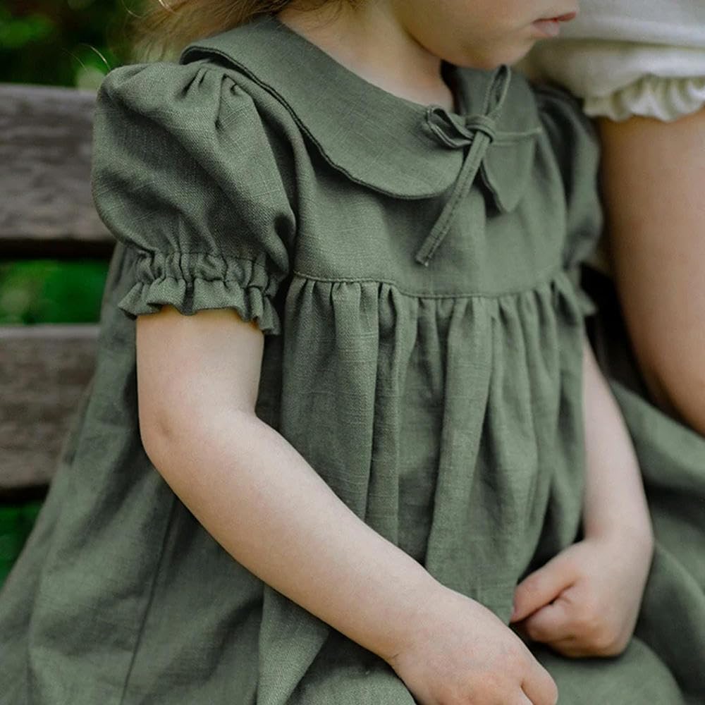 JCVBN Retro lniana sukienka dziewczęca z bąbelkowymi rękawami moda urocza obroża dla lalek marszczona luźna letnia sukienka księżniczki odzież dziecięca