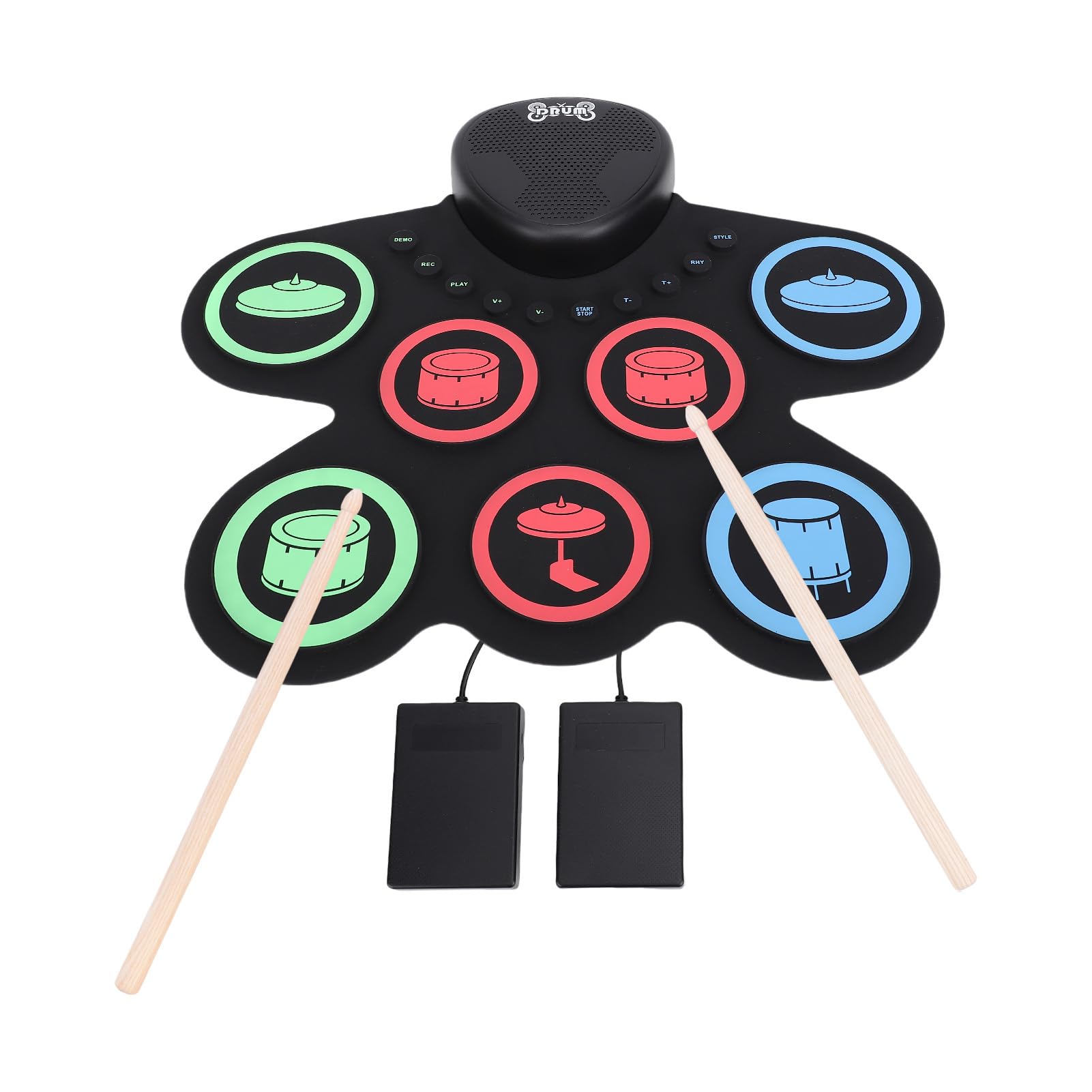 Batería Electrónica con Doble Altavoz, Pad Enrollable, 7 Pads, Kit de Práctica, Recargable, Baquetas, Pedal, para Principiantes, 37,1 X 34,5 cm.