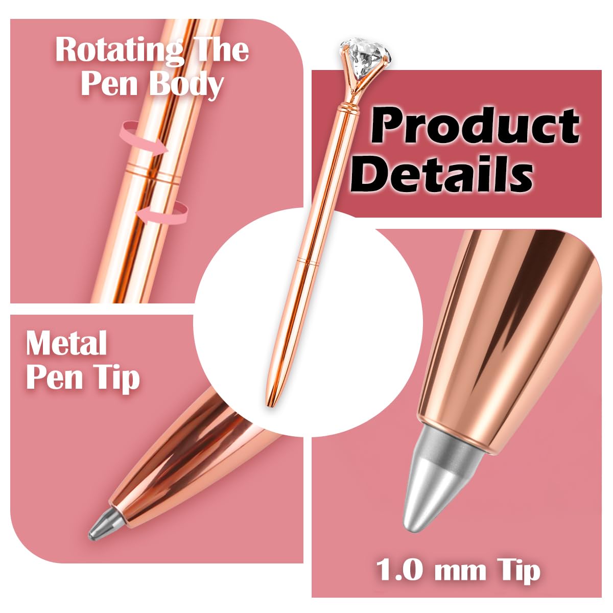 Penna A Sfera In Metallo Con Diamante Glitterato – Oro Rosa – Scrivania Elegante Per Ufficio, Scuola E Regalo - 3
