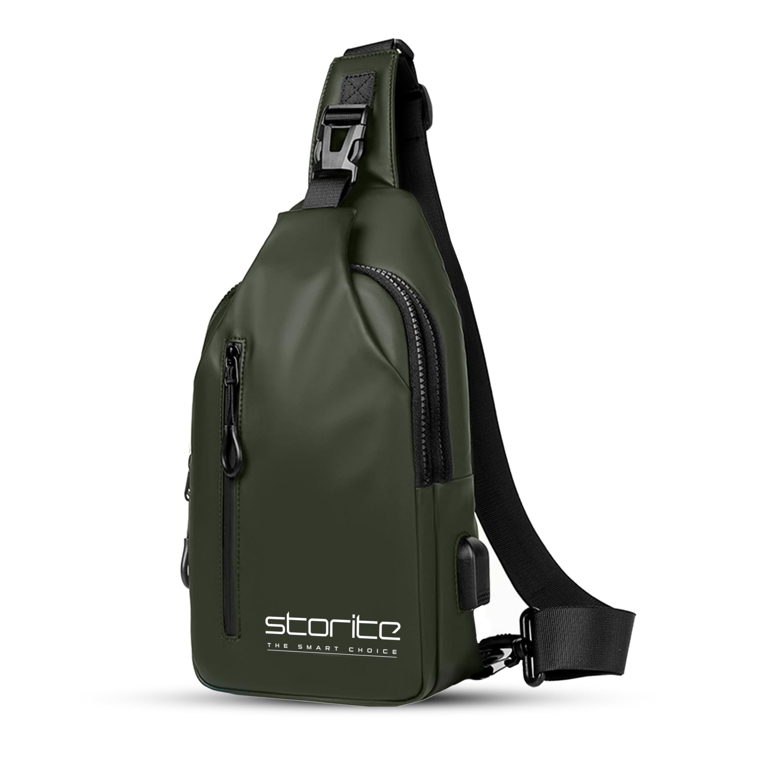 Sling Crossbody Bag for Men Women, Mini Waterproof Backpack Shoulder Daypack Mini Cross Body Chest Bags With USB Charger Port for Casual Travel Hiking Outdoor Sports (Olive - 31 x 17 x 8 Cm)