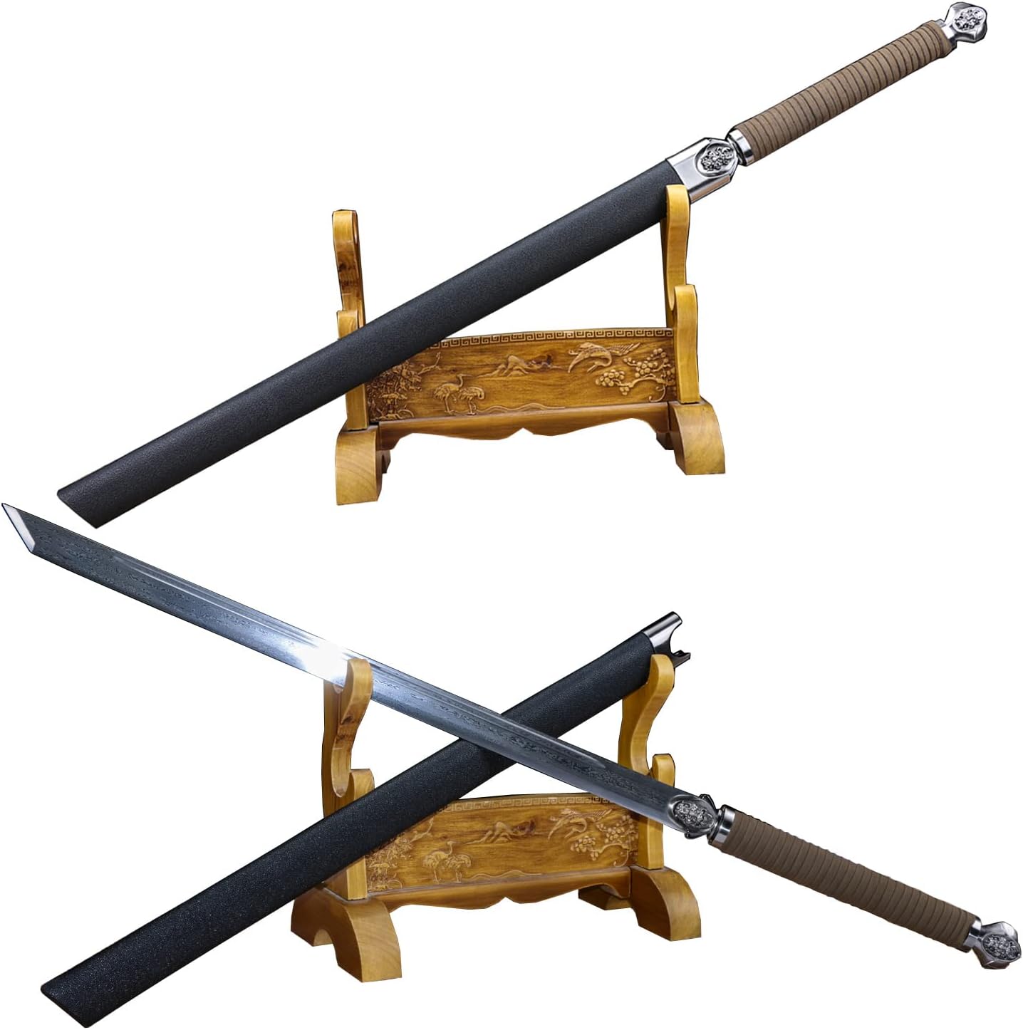Damascus Folded Steel Silver Ninja Real Weapon Hand Forged Full Tang Straight Blade Katana Sharp Japanese Samurai Sword Combat Ready