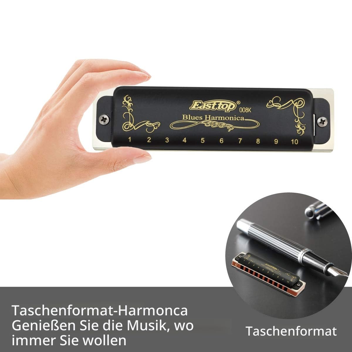 East Top Mundharmonika C Key Für T008K 10 Löcher Diatonic Blues Harmonica Für professionelle Spieler, Anfänger, Studenten, Erwachsene, Kinder, als Geschenk