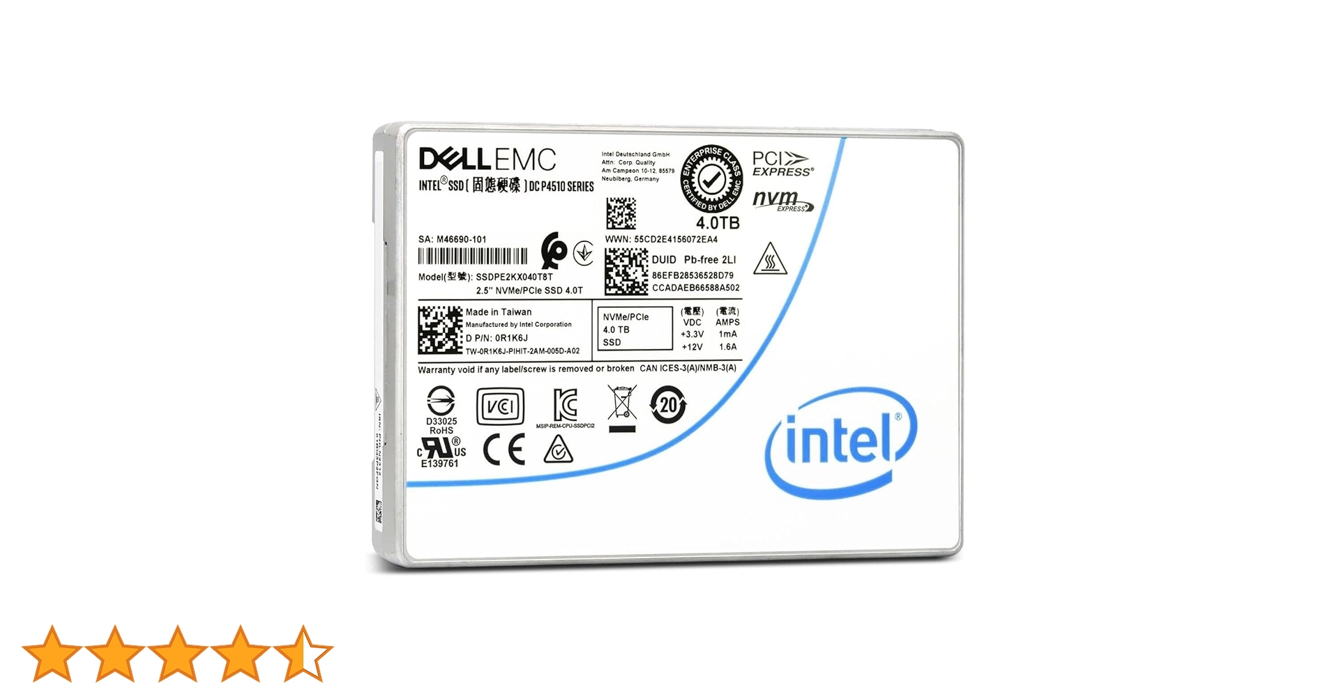 内蔵型SSD Intel DC P4510 8TB U.2 SSD Intel SSDPE2KX040T7 P4500 Series / Dell Y78KR 4TB 2.5