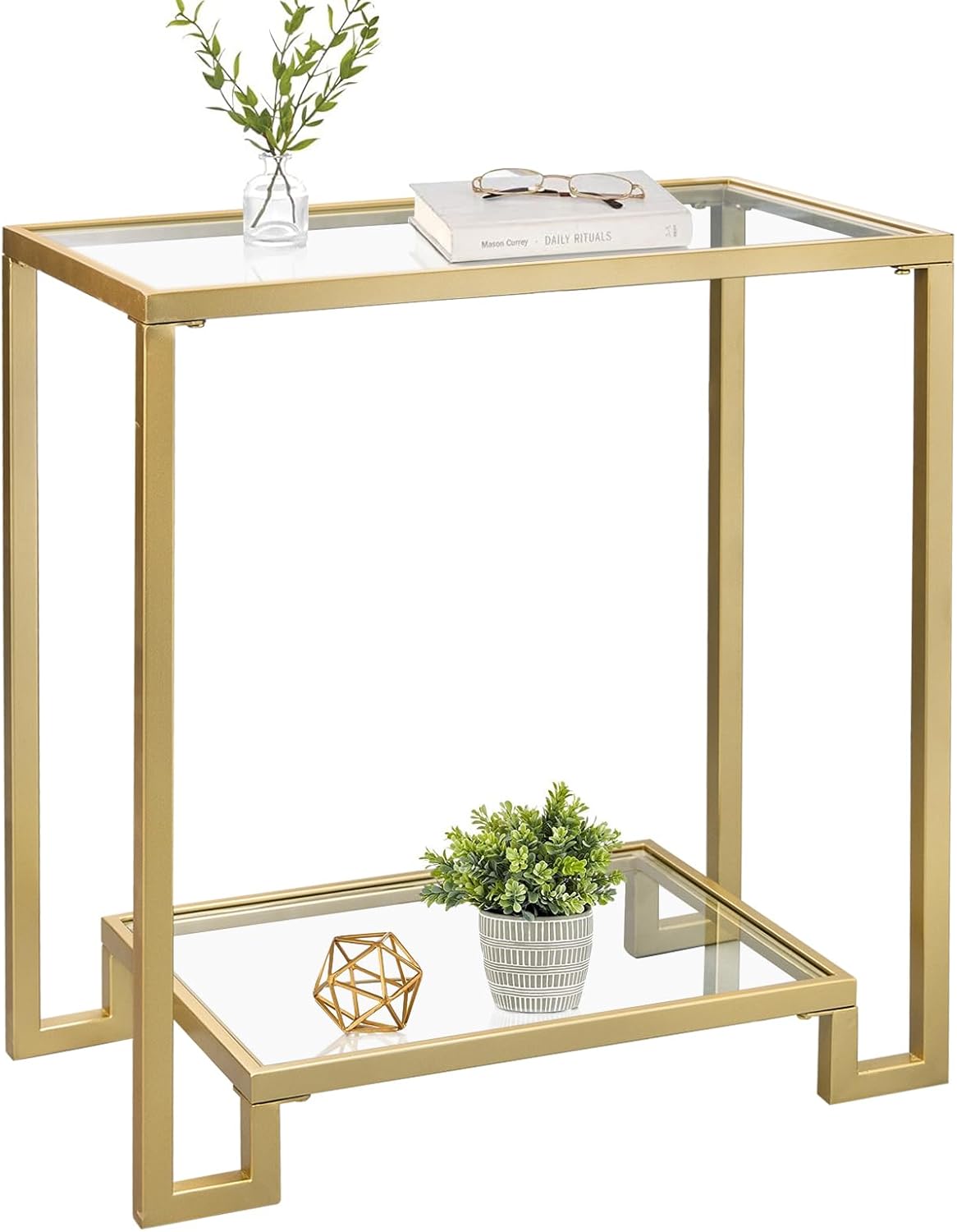 2 Tier Rectangular Side Table, Gold End Table with Glass Top, Modern Metal Clear Coffee Table?Small Accent Table for Living Room, Bedroom, 22" x 12.4" x 24" Rectangular 2-Tier Gold