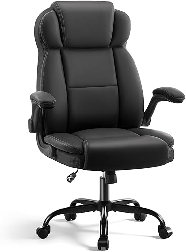 AreShark Ergonomic Office Chair with High Back Headrest, PU Leather Executive Desk Chair - Padded Flip-Up Armrests, Lumbar Support, Swivel Computer Chair for Home Office & Gaming, Black