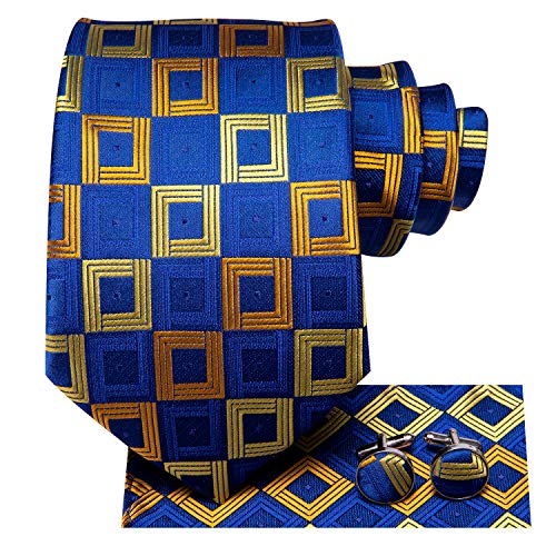 Image of Hi-Tie Mens Plaid Ties Classic Paisley Necktie with Handkerchief Cufflinks Set Business Stripe Tie