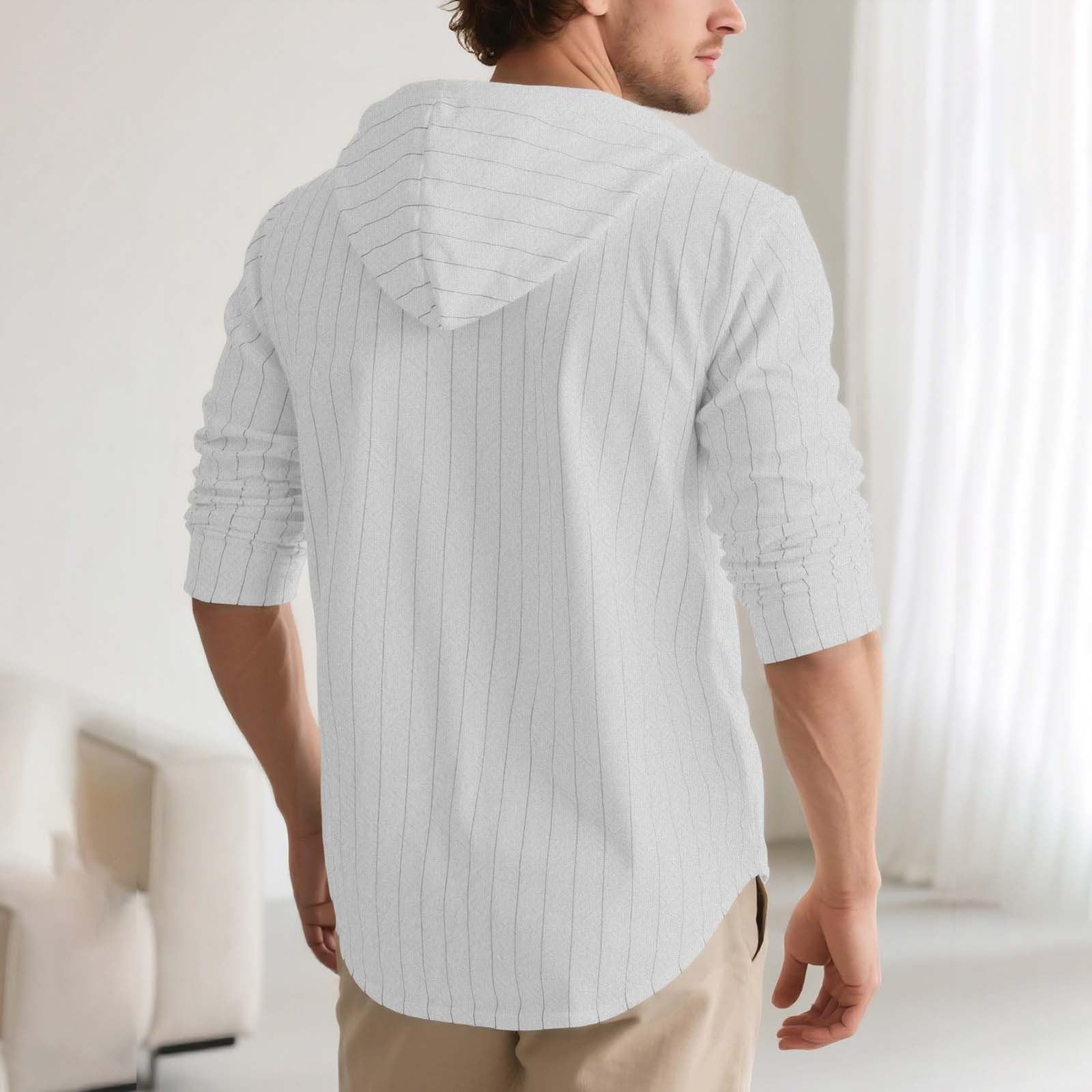 Generico Camicia Cappuccio Uomo Maniche Lunghe A Righe Lino Cotone con Bottoni, Indumento Traspirante per Look Casual Stagionali