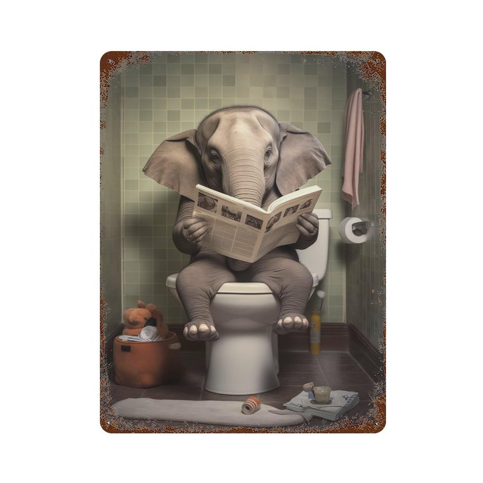 Elephant Toilet Newspaper Weathered Tin Sign 15.7"x11.8", Ideal for Shed, Workshop And Garage Wall Decor