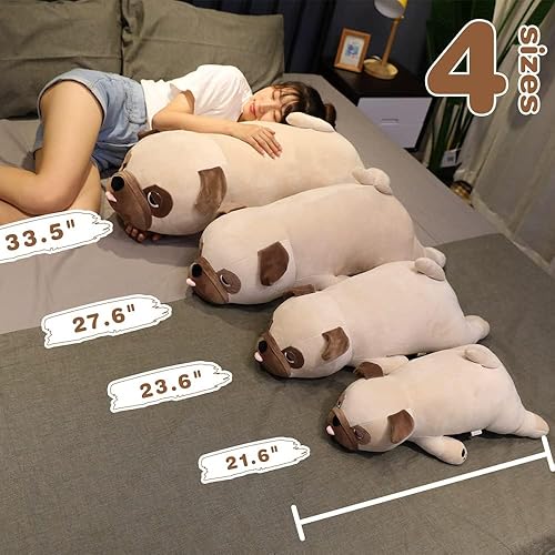 Miniatura 7 de Seyomi Almohada suave de peluche de bulldog de 27.6 pulgadas, linda muñeca de peluche de pug, cojín esponjoso para abrazar