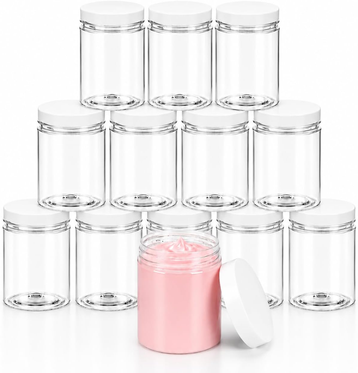 12 Pack Plastic Jars With White Lids, Clear, Round