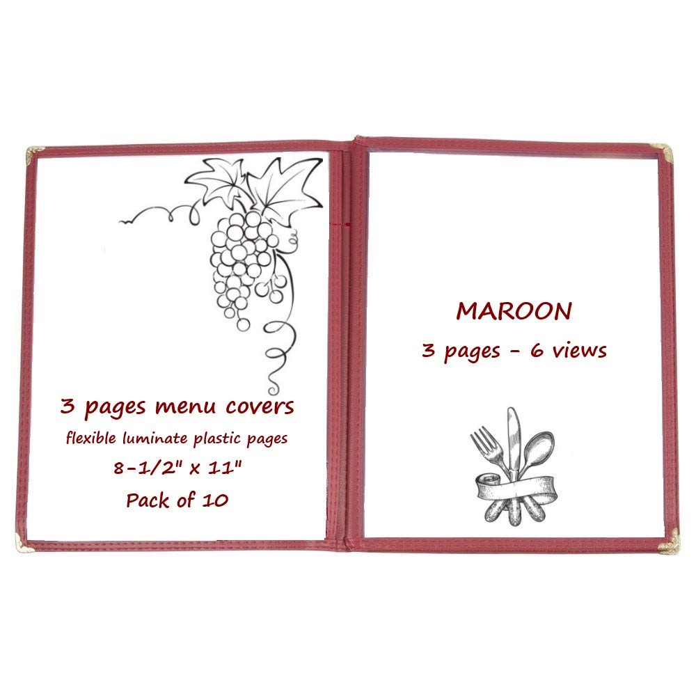(10-PCS) 3-Pages Maroon Menu Covers Laminate Plastic Restaurant Menu Covers Book Fold Stitched with Gold Decorative Corners Commercial Quality Size 8-1/2 x 11