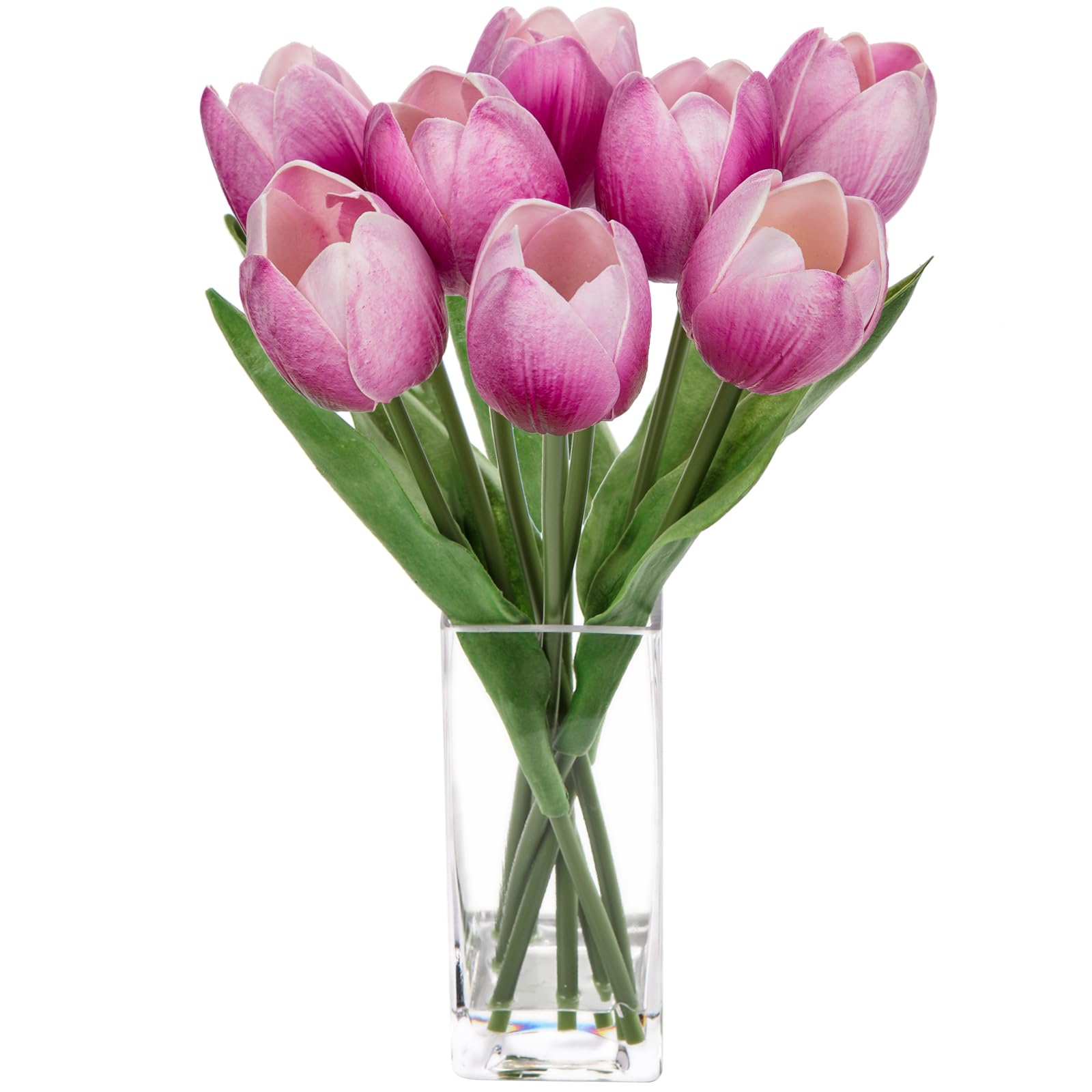 Briful Fake Flowers Artificial Tulip Flower in Clear Vase, Purple Real Touch Foam Tulip Arrangement Suitable for Home Office Decoration, Dining Table