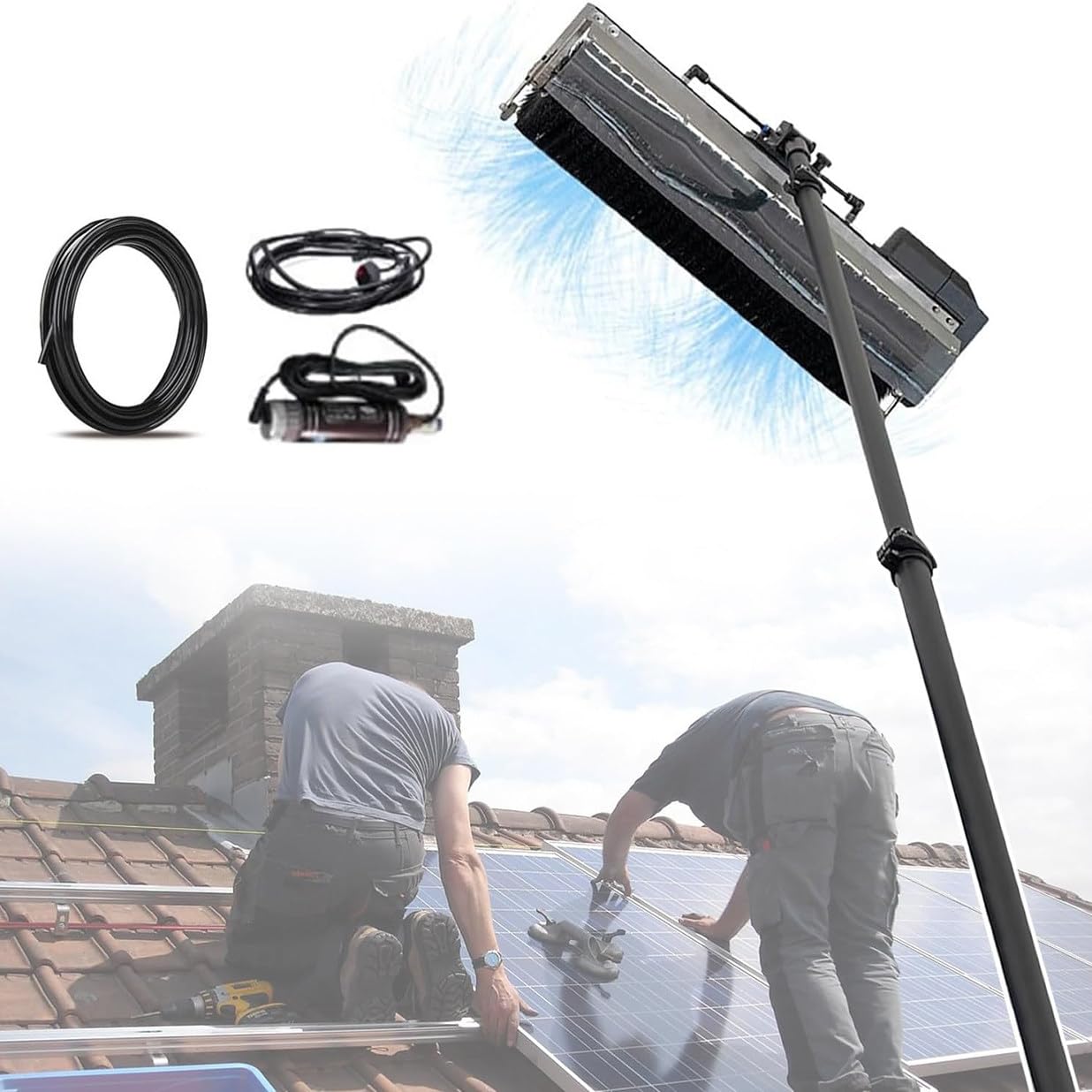 AYCDL Electric Solar Panel and Window Cleaning Brush, Automatic Rotary Water Fed Pole Kit for High Pile Pond and Sloping Roof,7.5m-Wired