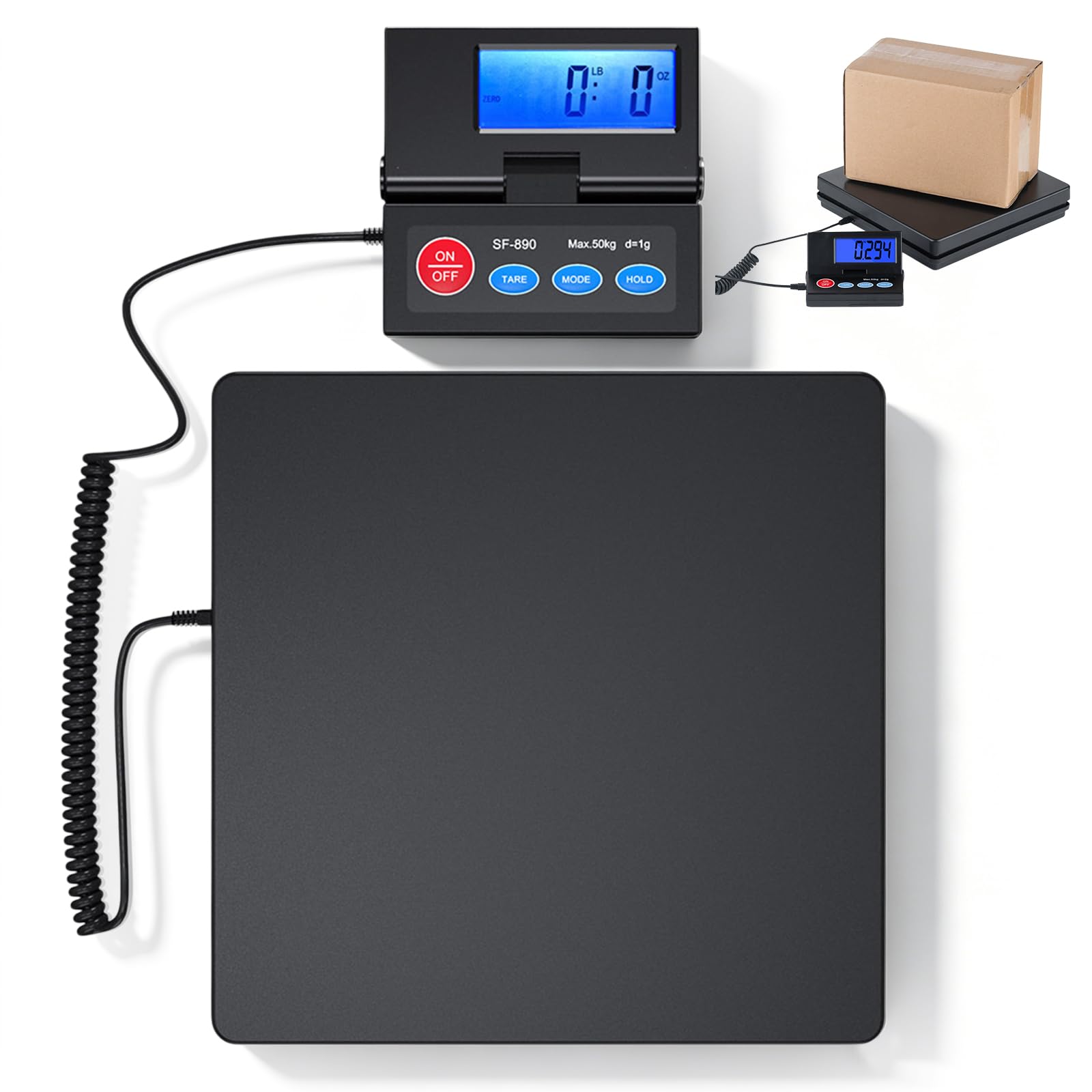 Bilancia per pacchi, 50 kg | D=2 g - Bilancia da piattaforma ad alta precisione, bilancia digitale per posta con display LCD esterno pieghevole, incl. batteria e cavo USB per pacchi/bagagli/ufficio