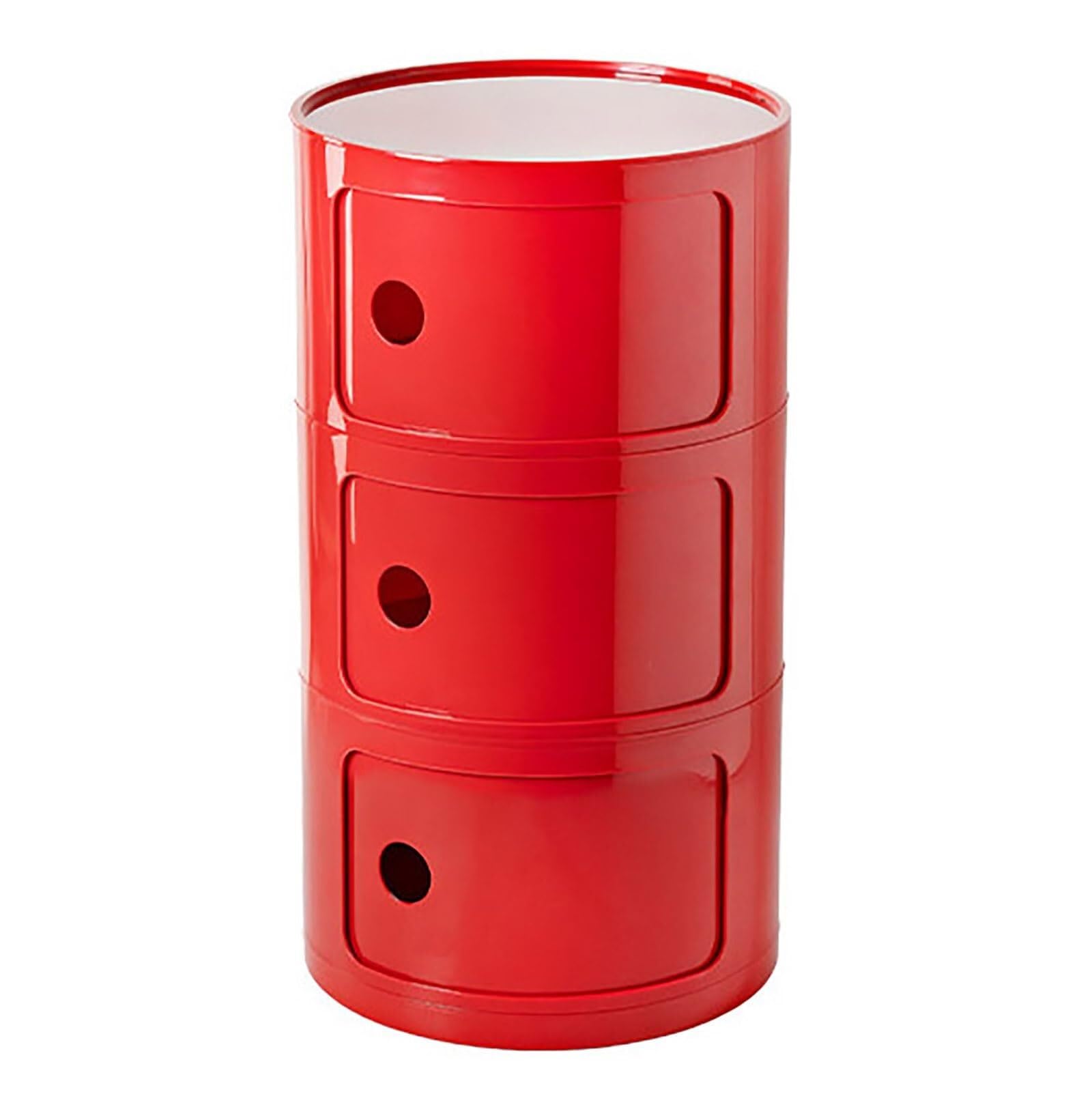 Moderno comodino rotondo con contenitore per camera da letto, soggiorno o bagno, comodino con cassetti e porta scorrevole, tavolino con cassettiera in plastica per organizzazione e stile (rosso, 3