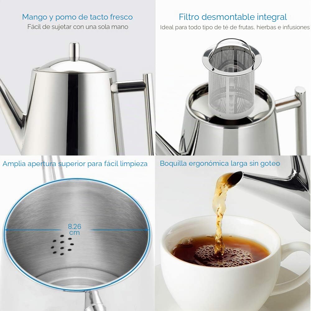 Easyworkz Tetera de acero inoxidable con infusor extraíble, tetera de estufa de 1500 ml