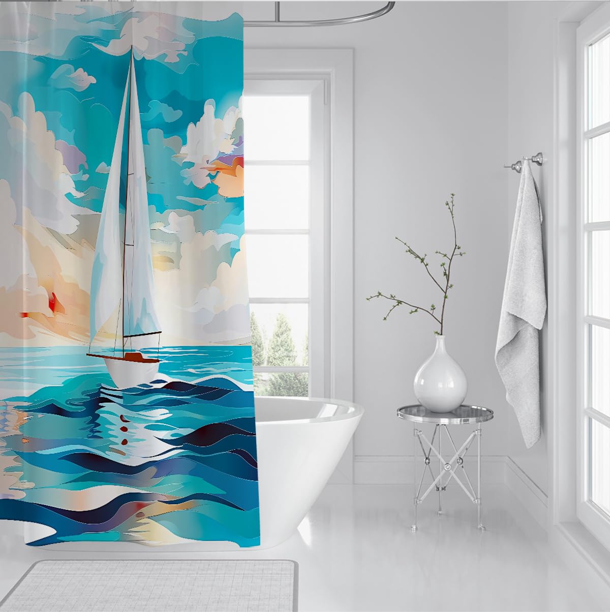 Rideau de Douche Salle de Bain voilier Aquarelle Vif 200 x 220 cm