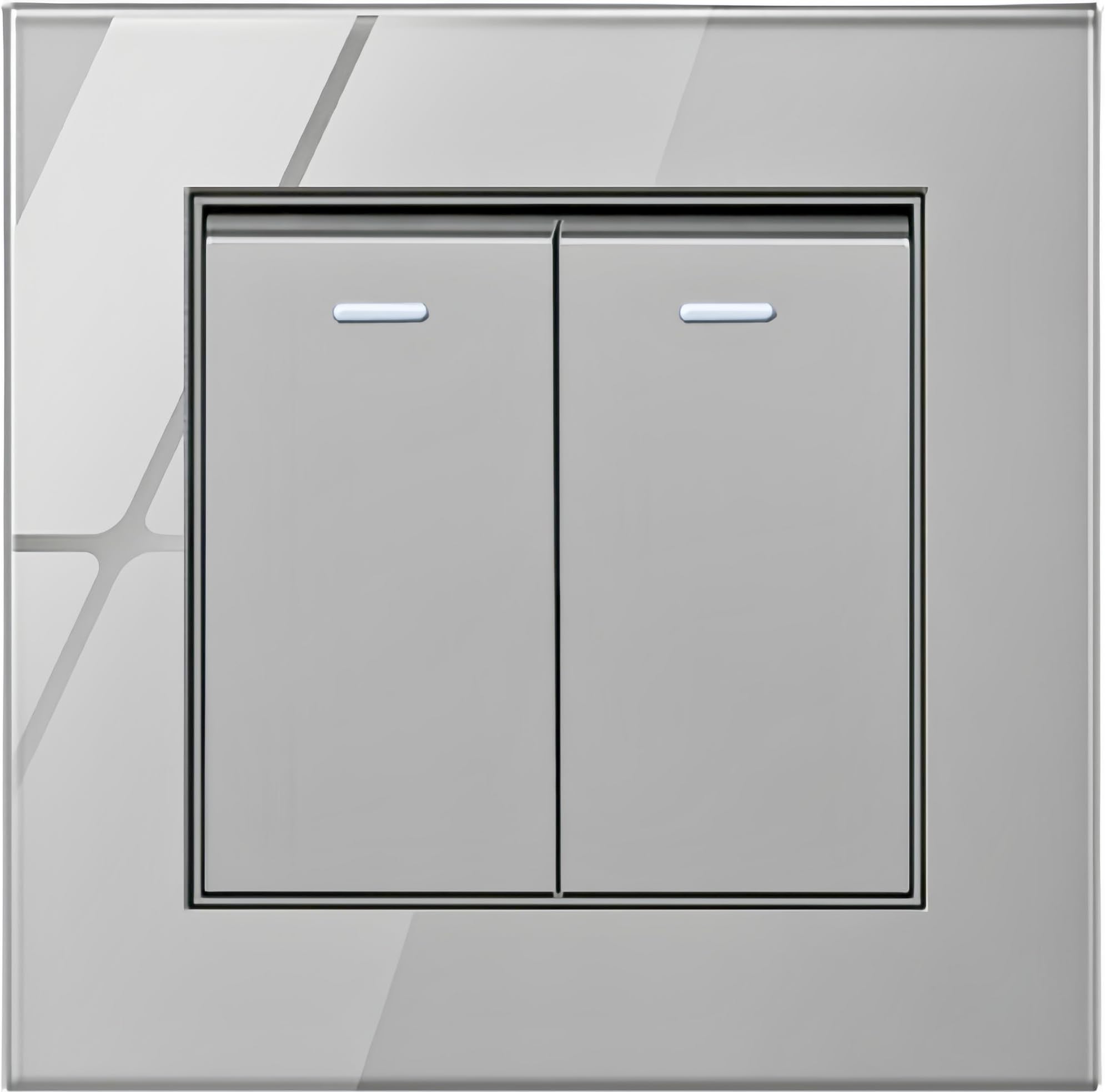 MEI JIA Borliya 2 Gang 2 Way Switch Tempered Gray Glass Panel and push button Light Switches with LED Indicator,UK Standard Wall Power Socket, Artistic Modern Swich soket (B- 2 GANG 2 WAY)