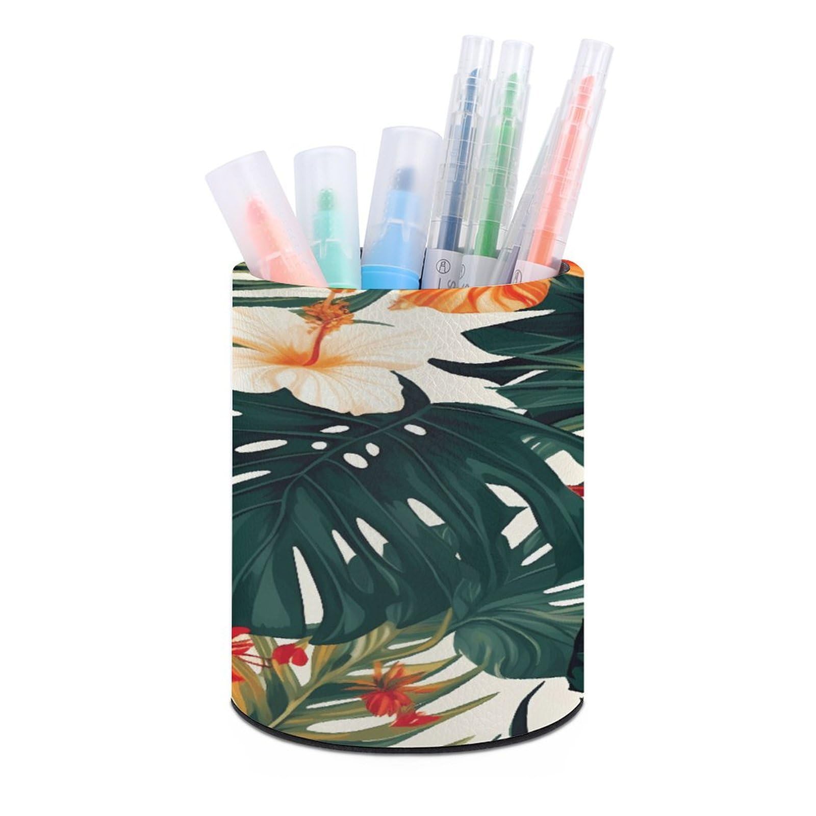VstaDank Tropical Summer Hawaiian Flower Palm Leaves Pen Holder PU Leather Pencil Cup Minimalist Desk Pencil Holder Round Make Up Brush Organizers For Office Dorm Room&Vanity Desk Accessories