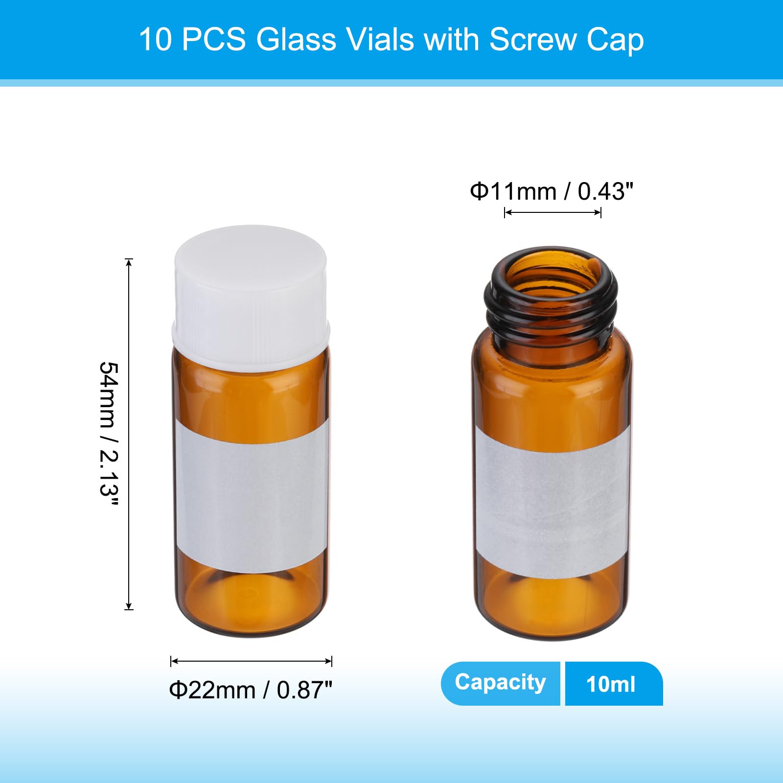 PATIKIL 10pcs 10ml Small Brown Glass Vials with White Screw Cap, Borosilicate Glass Sample Bottles with Writing Label for Solid Liquid Powder Storage