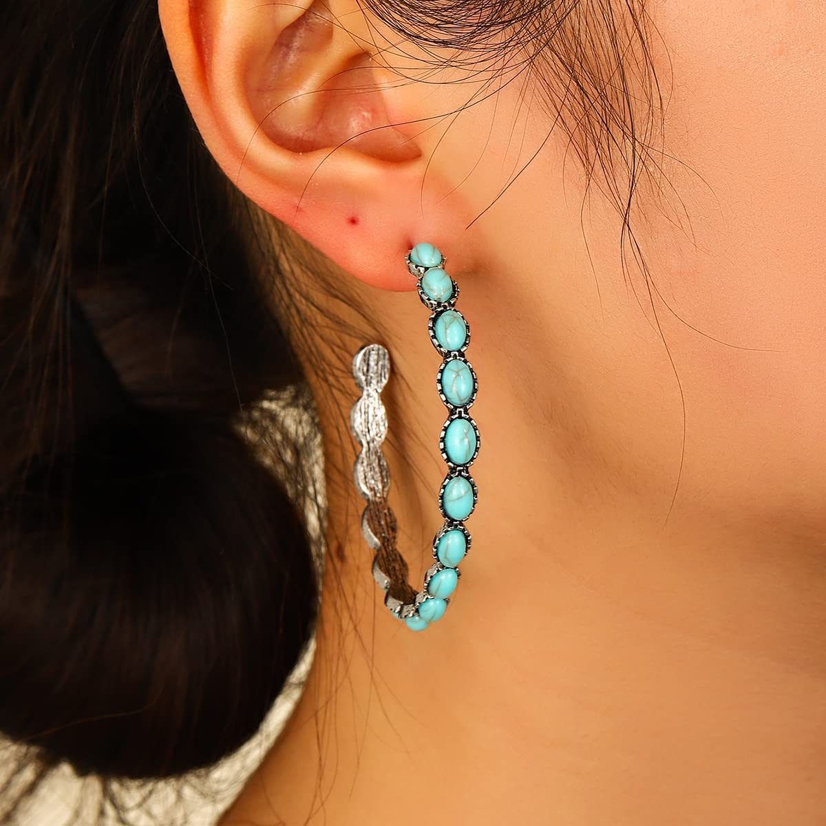 Metmejiao Turquoise Bohemian Metal Hoop Fashion Earring Boho Turquoise Hoop Drop Dangle Earrings for Women Vintage Ethnic C Shape Earring Pine Stone