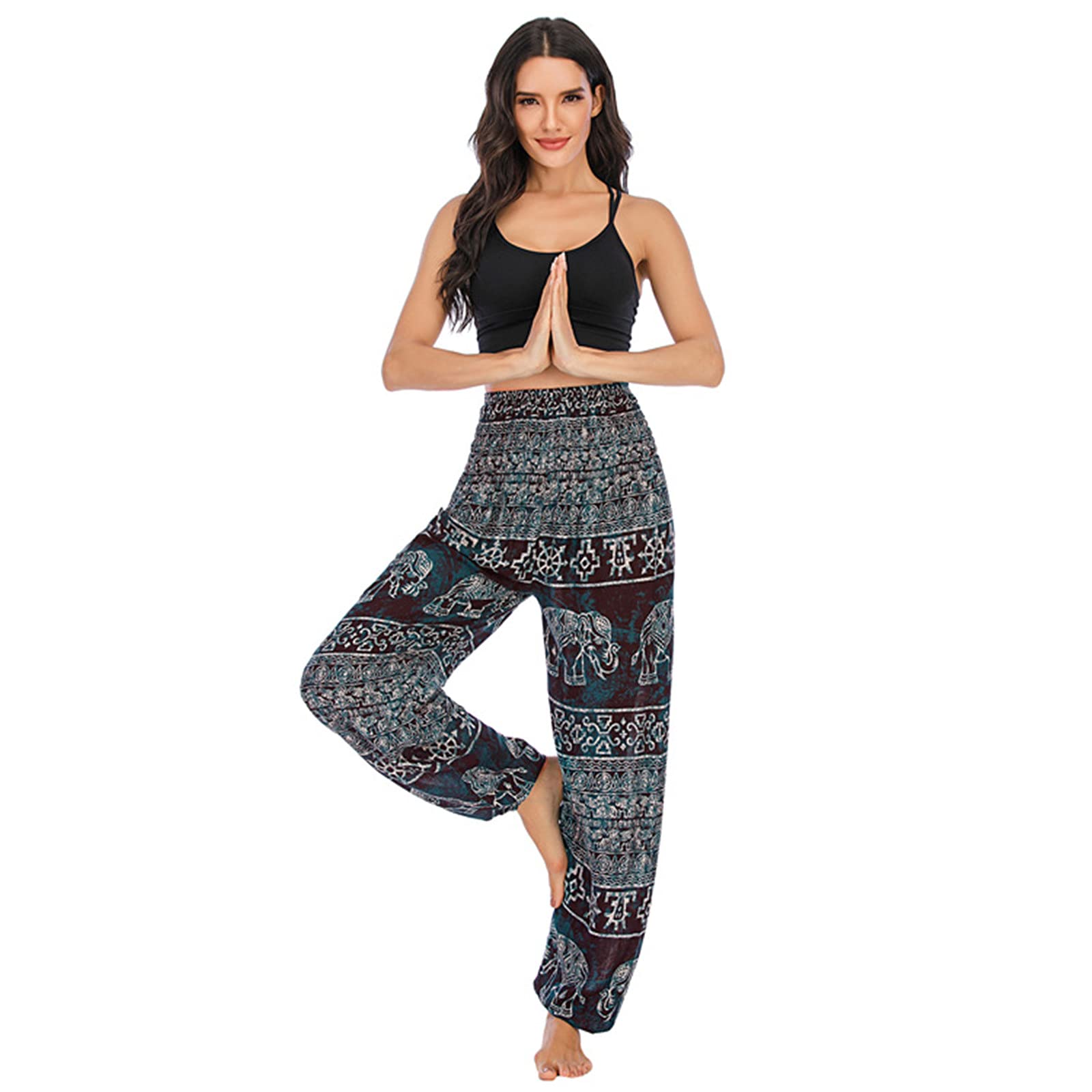 Kewing Women's #705 Harem Pants For Hippie Boho Yoga Trousers With Elephant Pattern- High Waisted Baggy Trousers Thai Yoga Pants