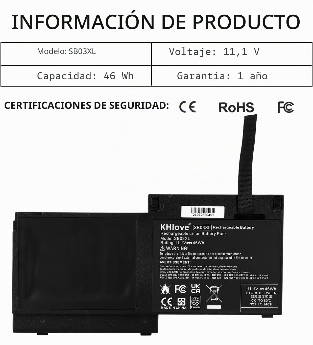 SB03XL Laptop Batería para HP EliteBook 820 825 G1 G2 720 725 G1 G2 Serie SB03046XL-PL 716725-171 716725-1C1 716726-171 716726-421 716726-1C1 717378-001 740362-001 HSTNN-LB4T/IB4T HSTNN-L13C