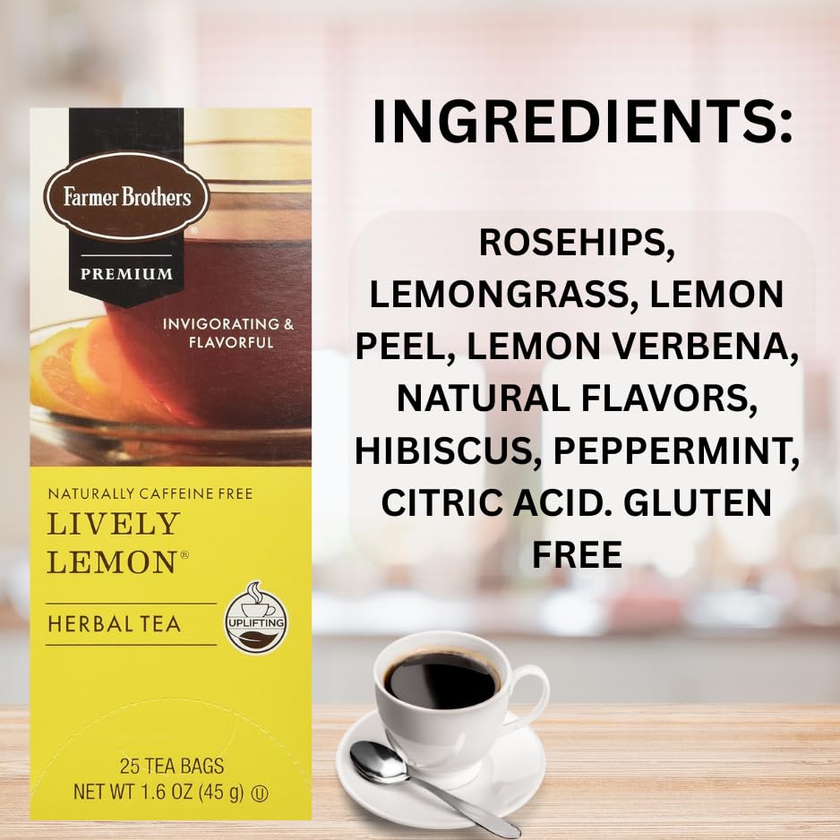 Farmer Brothers Lively Lemon Herbal Tea – 25 Bags, Naturally Caffeine-Free, Refreshing Citrus Flavor, Soothing Herbal Blend for Relaxation & Wellness - Image 2