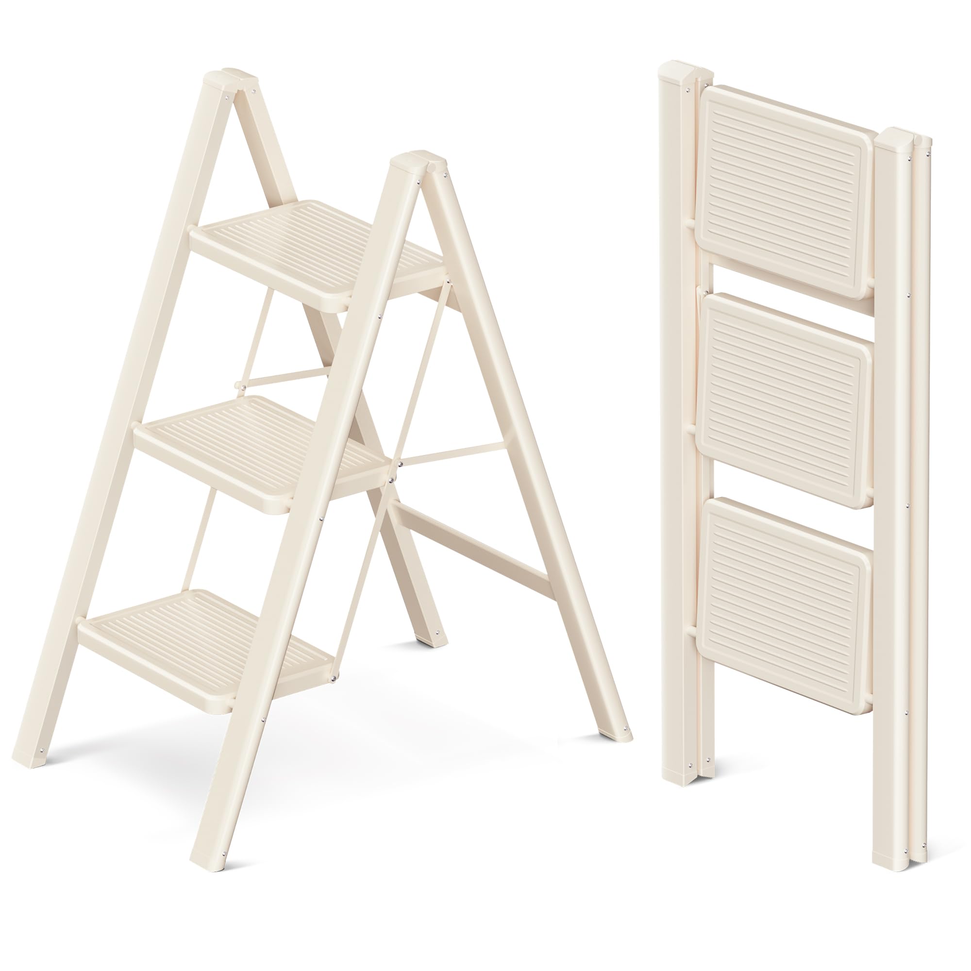 GameGem 3 Step Ladder, 3 Step Stool for Adults, Folding Step Ladder with Secure Footing, Widened Pedal, Aesthetically Pleasing Looking, Blends Right into Domestic Rooms, Cream White