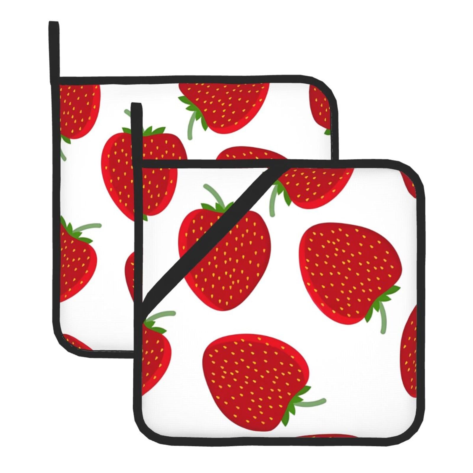 WHJSSF Strawberry Prints Square Pot Holders - Heat Resistant Kitchen Trivets 2-Pack - Waterproof Covers for Hot Dishes, Oven & Grill with Hanging Loop