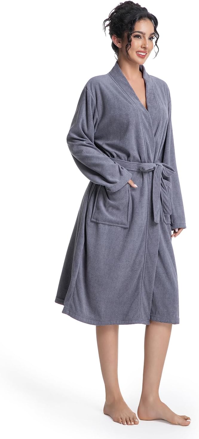 Women Lightweight Bath Robes Terry Cloth Towel Robe Microfiber Knee Length Bathrobe with Pockets - Image 6