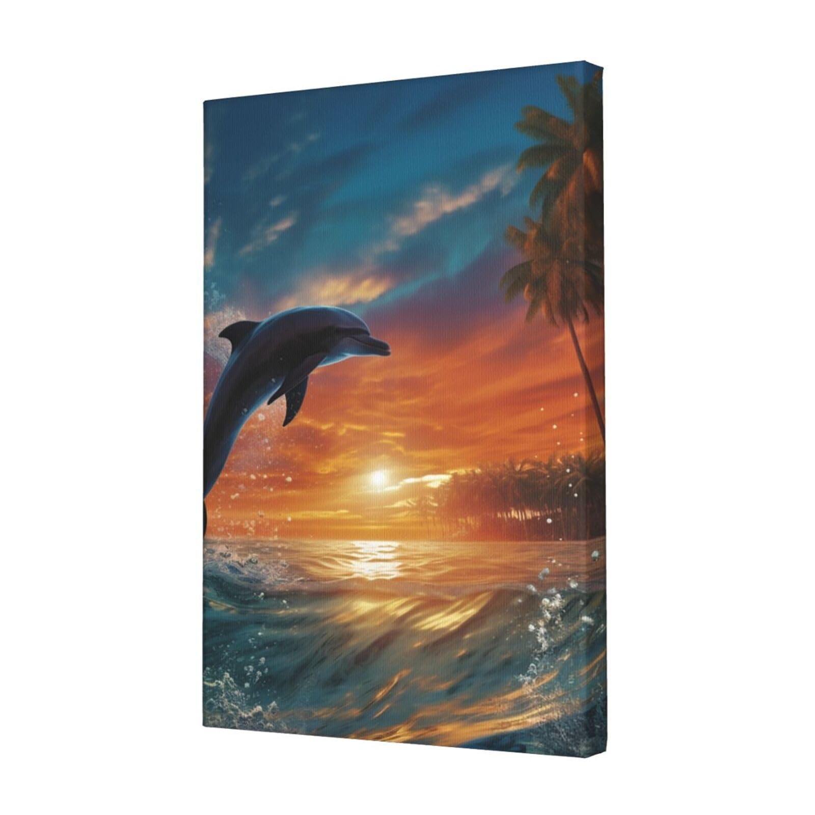 KLOPH Dolphins and Palm Trees Canvas Wall Art for Living Room 12"x18" Modern Artwork Painting for Bathroom Hanging Canvas Prints Aesthetic Wallart for Bedroom Kitchen Office Wall Decor