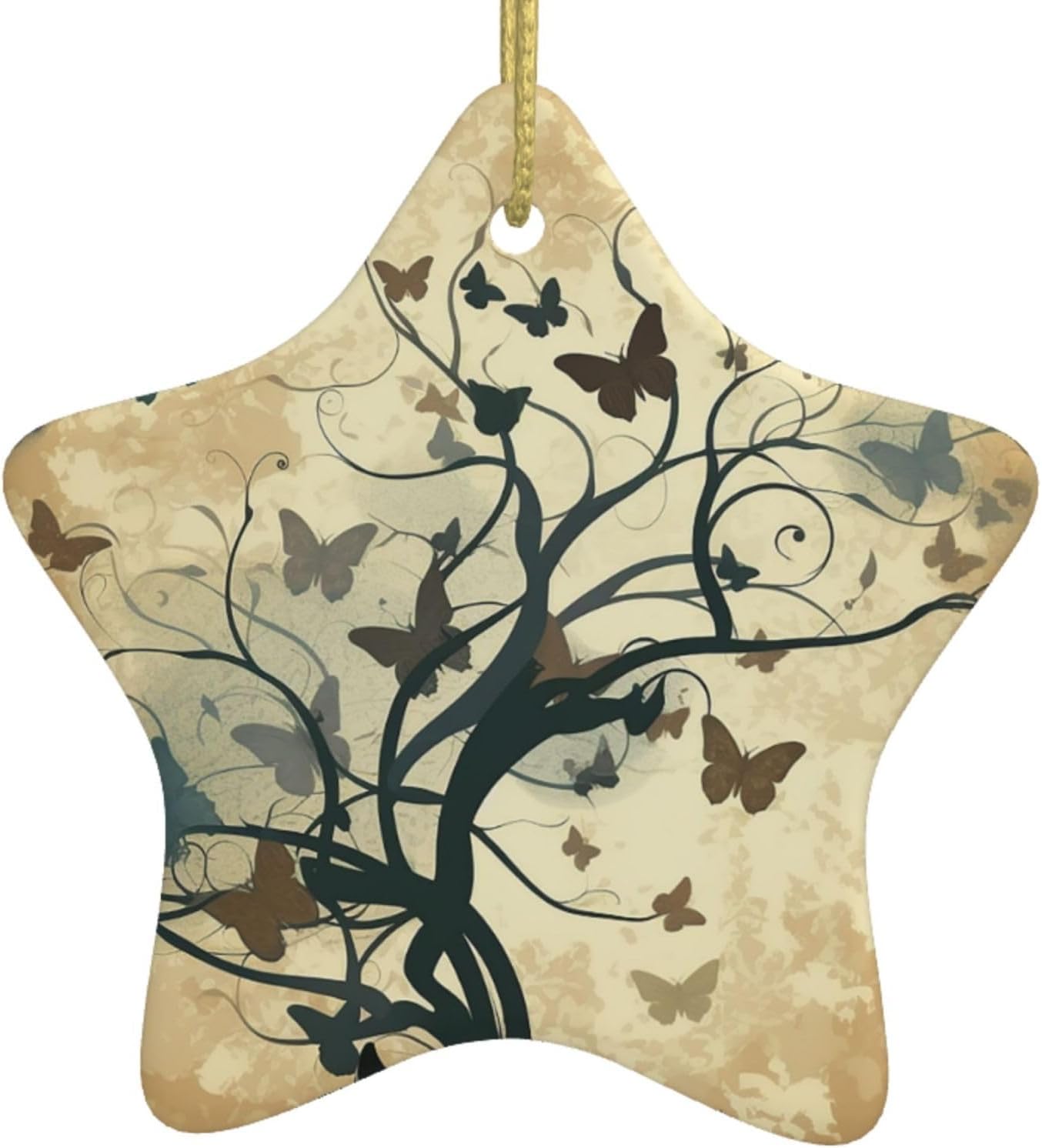 Christmas Ornaments Ceramic Star Shaped Christmas Hanging Ornament Double-Sided Branches and Butterfly Silhouettes Print Christmas Tree Pendants for Xmas Tree Fireplace Party Holiday Wedding