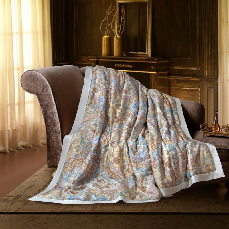 Lightweight Comforter Lyocell Tencel Thin Quilt Summer Air Condition Blanket Silky Soft Bedding Paisley Geometric Elements Design Car Sofa Bedroom (Gold, Queen)