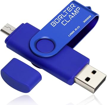 BorlterClamp 32GB USB Flash Drive Dual Port Memory Stick, OTG Thumb Drive with Micro USB Drive Port for Android Smartphone Tablet & Computer Blue