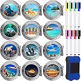 craftshou 12 Pcs 8.6 Inch Cruise Door Decorations Magnetic Cruise Porthole Door Magnets with 8 Erasable Pens 1 Blue Eraser Sea Beach Scenery Magnetic Decorations for Carnival Kitchen Refrigerator Car