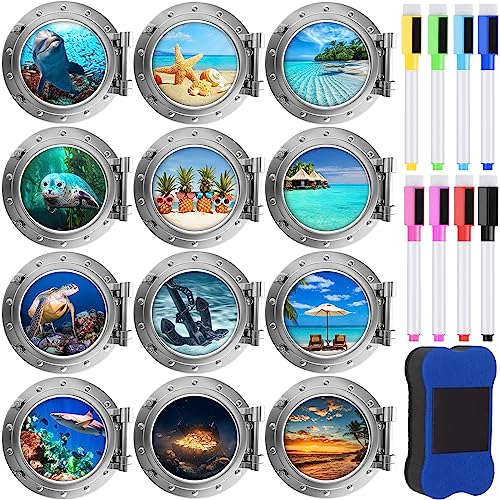 craftshou 12 Pcs 8.6 Inch Cruise Door Decorations Magnetic Cruise Porthole Door Magnets with 8 Erasable Pens 1 Blue Eraser Sea Beach Scenery Magnetic Decorations for Carnival Kitchen Refrigerator Car