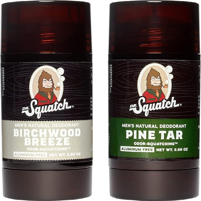Dr. Squatch Natural Deodorant for Men  Odor-Squatching Men's Deodorant Aluminum Free - Pine Tar + Birchwood Breeze (2 Pack)