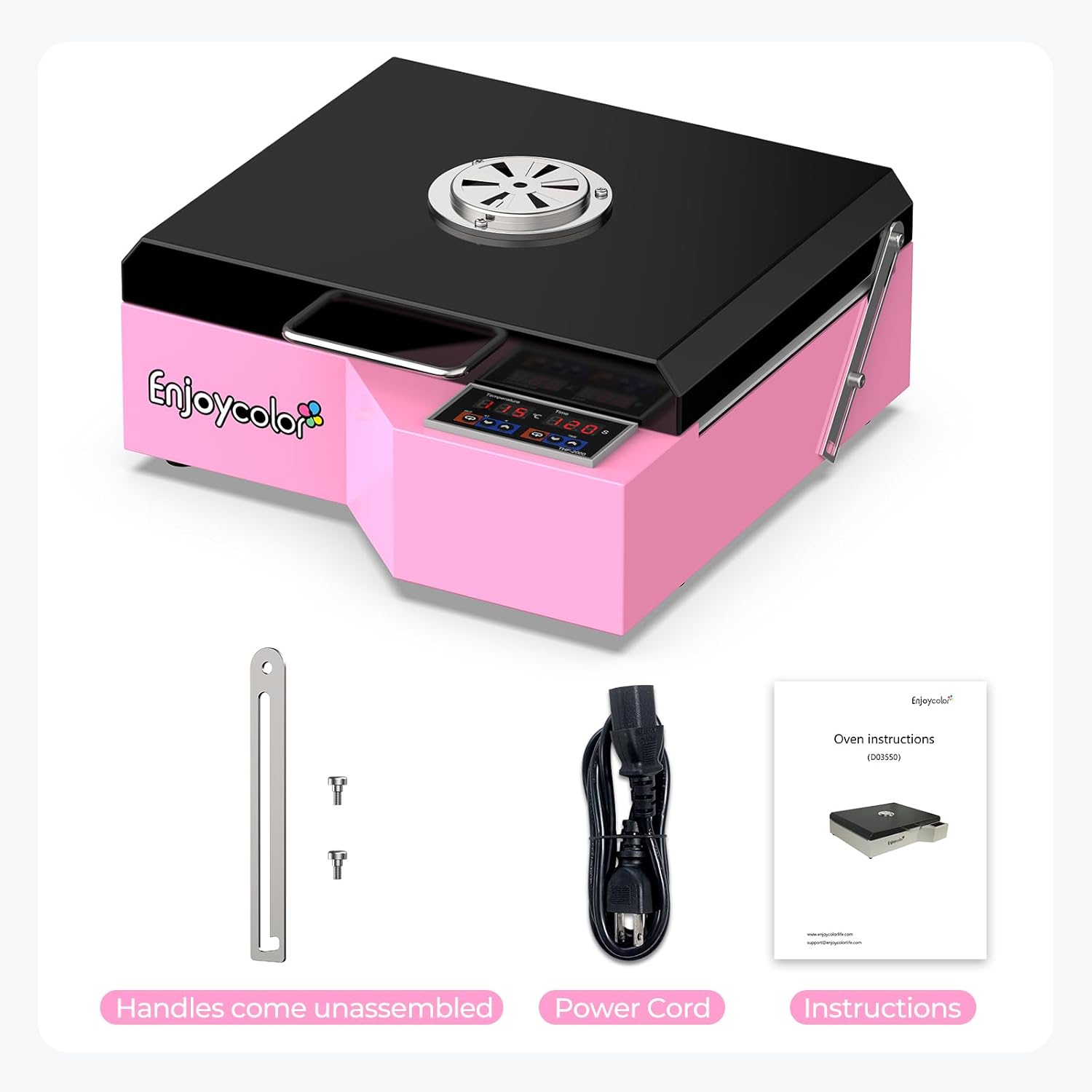 EnjoyColor A4 DTF Oven components including handles, power cord, and instructions