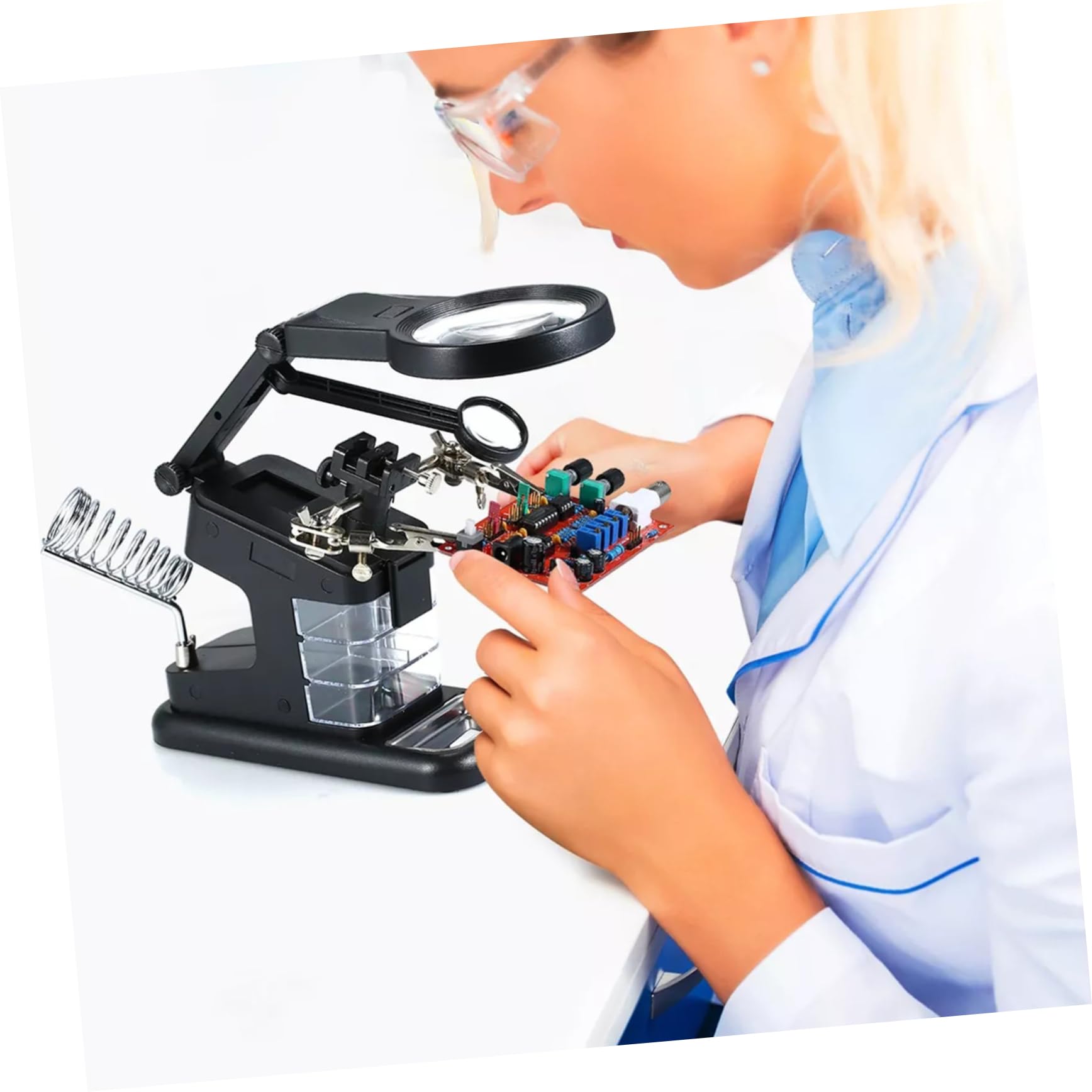 CHILDWEET Supporto per Saldatura Morsetto da Tavolo Nero, Lente di Ingrandimento Acrilica e 10 Led, per Riparazioni Elettroniche e Lavori di Saldatura USB