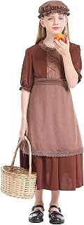 Pioneer Girl Costume Colonial Prairie Brown Dress Long Sleeve Child's Forum Costume Set with Apron for Kids 3 Pieces