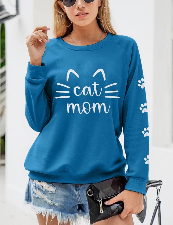 Cat Mom Sweatshirt Women Cute Cat Long Sleeve Shirts Crewneck Loose Fit Sweatshirts Fall Pullover Sweatshirt Blouse - Image 3