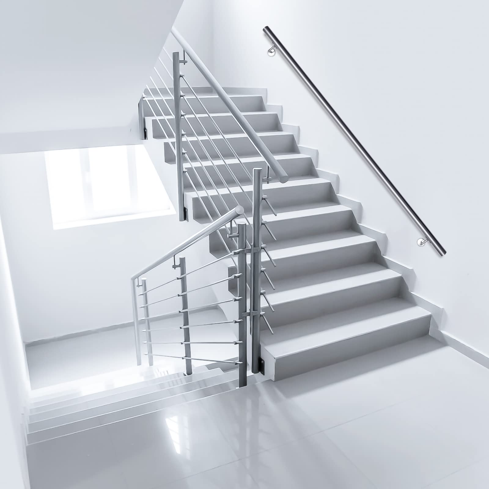 Corrimano in acciaio inox, 160 cm, ringhiera per scale con supporto a parete e tappi terminali, corrimano da parete per interni ed esterni