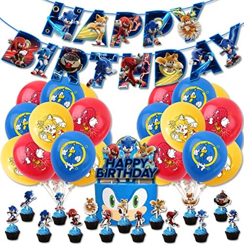 Sonic Theme Birthday Party Supplies Kit, Kids Party Favors, Sonic The Hedgehog Assemble Decoration Party Pack, Including Happy Birthday Letter Banner, Cake Toppers, Colorful Latex Balloon Amallino