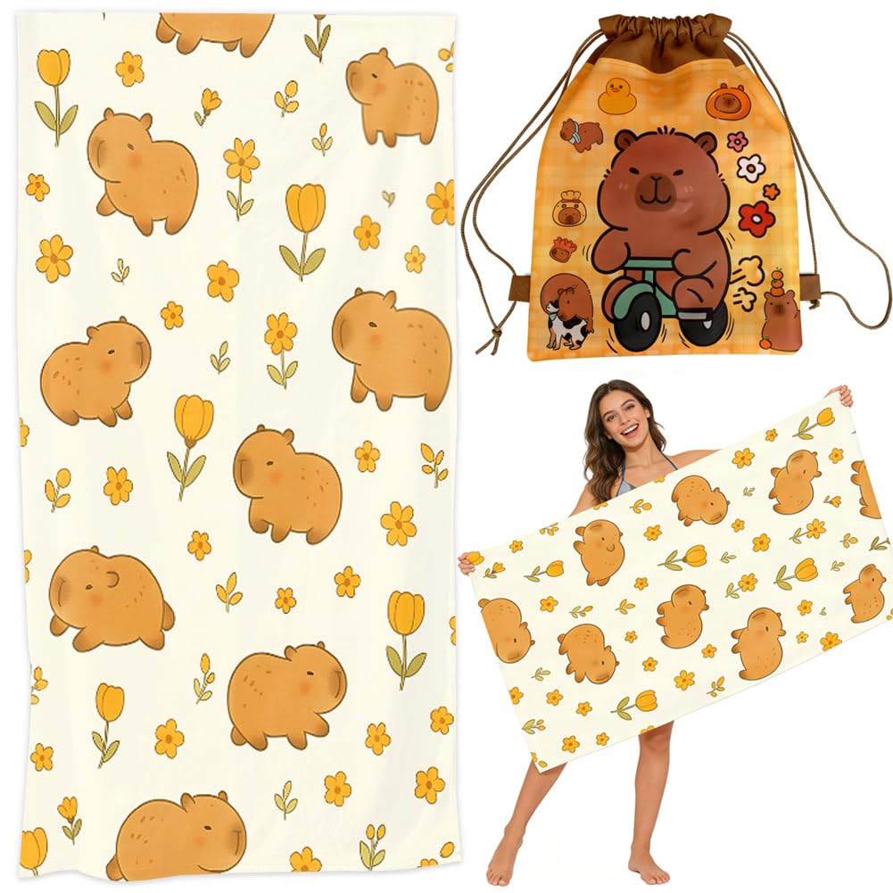 KMFASVX Cute Capybara Beach Towel, Capybara Pattern Thin Lightweight Soft Bath Towels, Quick Dry Absorbent Microfiber Swim Yoga Pool Beach Accessories, 80x160cm (E)