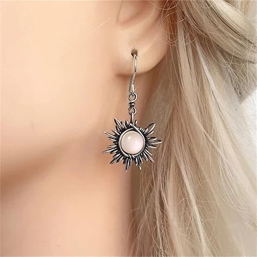 Miniatura 2 de MALOYANVE Aretes colgantes bohemios de ópalo con forma de sol y luna, piedra de luna, gancho de piedra natural, bohemio, para mujer, asimétrico,